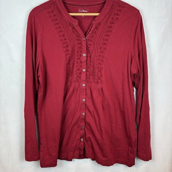 L.L. Bean Women's Button‎ Up red velvet trim ruffle blouse Size XL Holiday Party - Picture 1 of 11